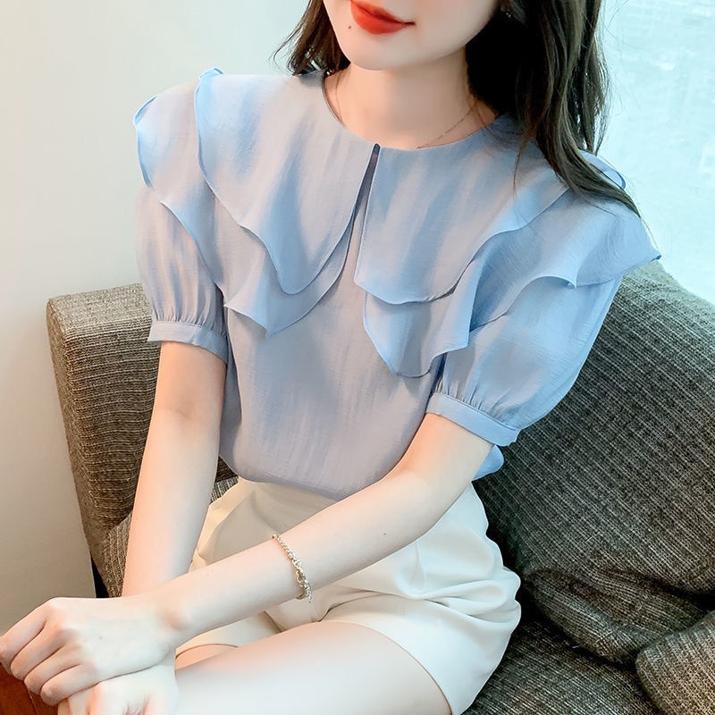 Áo Voan Tay Phồng Cổ Tròn Hai Lớp Thời Trang Cho Nữ P7S8