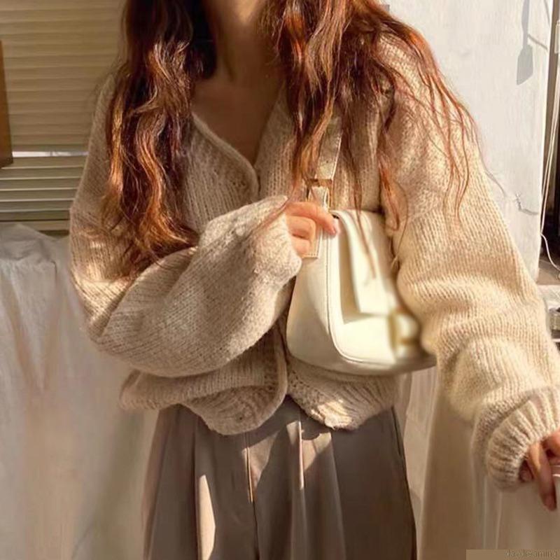Áo cardigan dệt kim tay dài cổ chữ V dáng rộng thời trang cho nữ