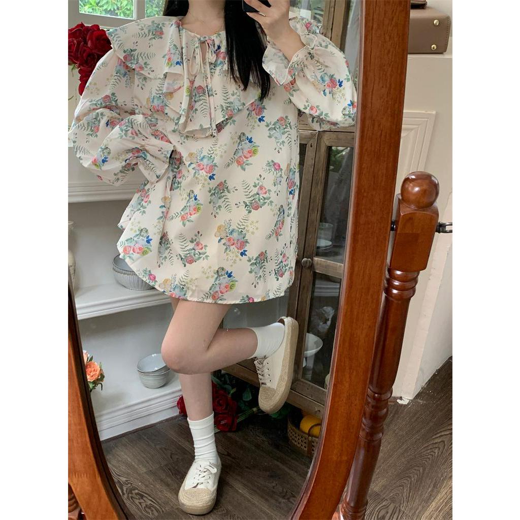 Áo Sơ Mi Tay Dài Cổ Búp Bê Viền Bèo Nhún Dáng Rộng Kiểu Hàn Quốc Thời Trang Cho Tuổi Trung Niên