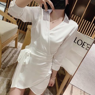 Váy sơ mi cổ V buộc nơ