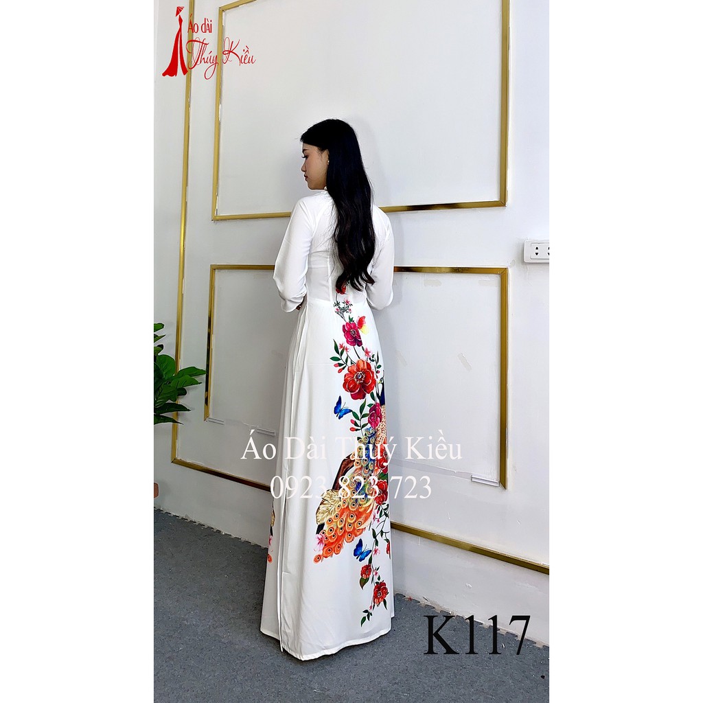 Áo dài truyền thống thiết kế may sẵn cách tân nữ tết nền trắng con công hoa đỏ K117 Thúy Kiều mềm mại co giãn áo dài giá