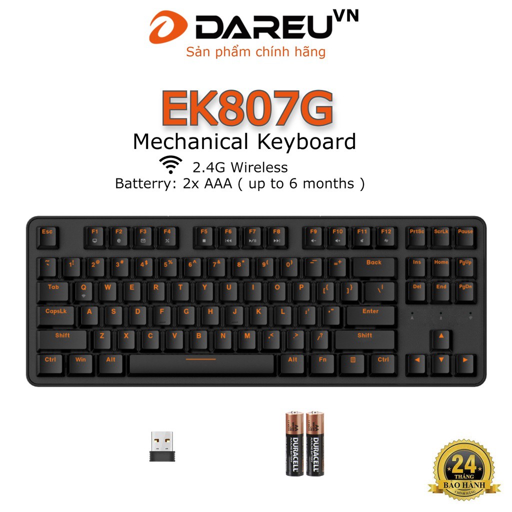 Bàn phím cơ không dây DAREU EK807G BLACK 87-KEY Wireless/ USB Receiver