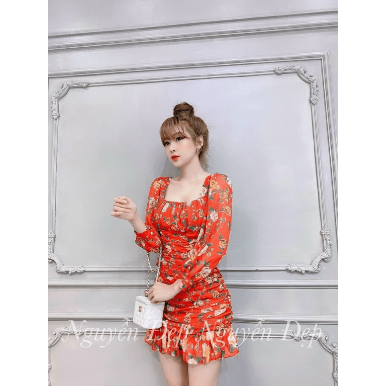 Đầm nữ ôm body tay ngăn cổ vuông họa tiết 3 màu sang trọng thanh lịch dành cho các tình yêu dạo phố dự tiệc dx22