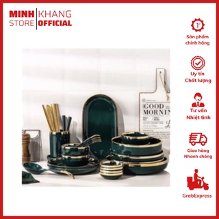 Bát ăn cơm, đũa, đĩa bầu dục sứ xanh viền vàng - xanh cổ vịt.