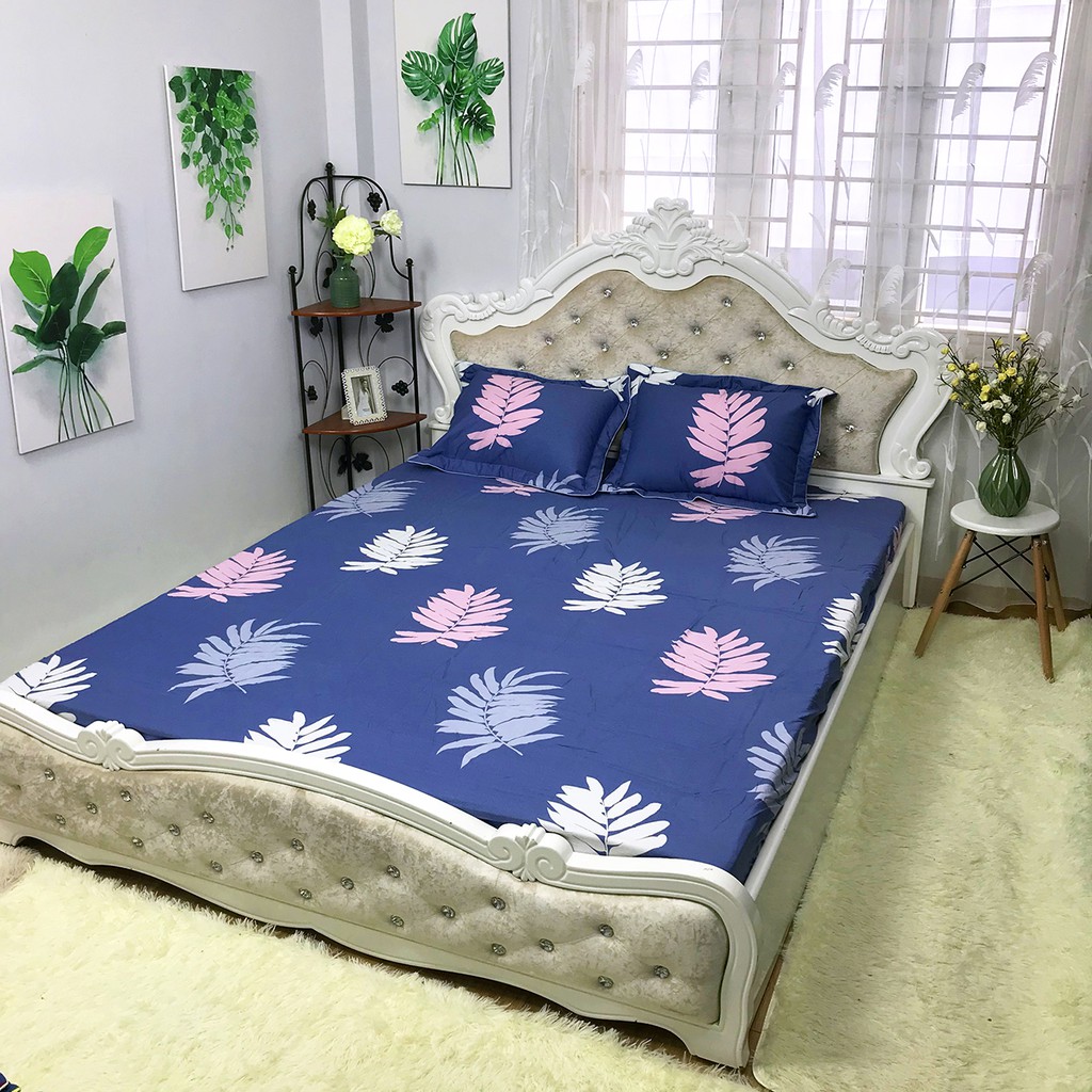 Bộ Ga Gối Cotton 100% Hàng Việt Nam Chất Lượng Cao Mẫu LÁ DƯƠNG XỈ. Thấm Hút Mồ Hôi Cực Tốt