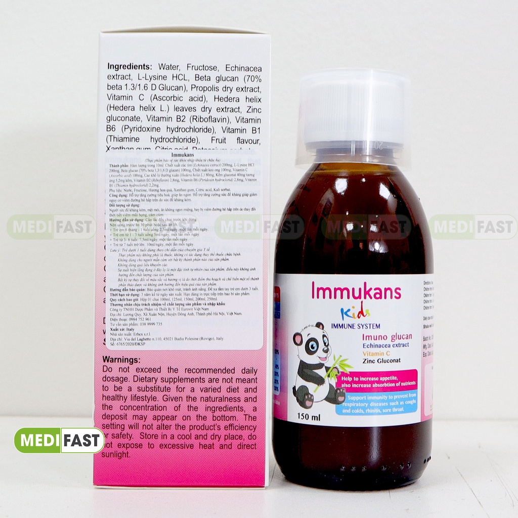 Siro cho trẻ tăng cường sức đề kháng Immukans Kids từ thảo dược, keo ong, ZinC - Chai 150ml nhập khẩu từ Ý