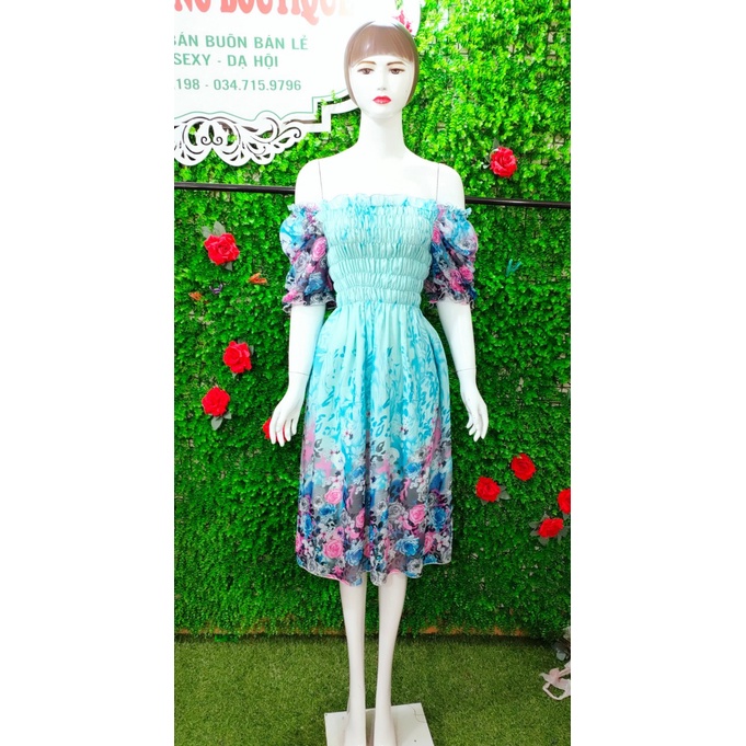 Đầm trễ vai hoa nhí ( hình + video thật) , Váy maxi trễ vai đẹp.