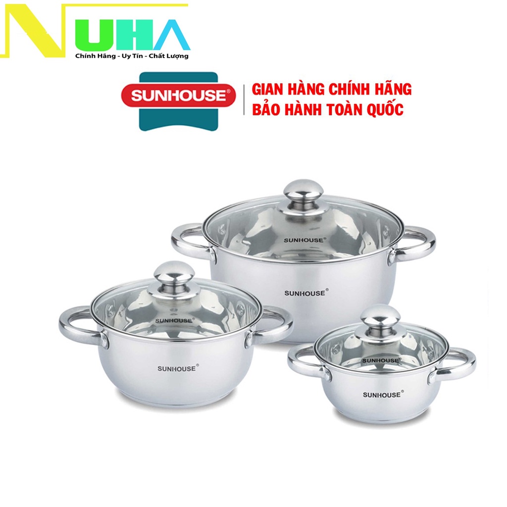 [Dùng mọi loại bếp]Bộ nồi inox 3 đáy SUNHOUSE SH334 ( nắp kính)  16-20- 24cm. đáy từ