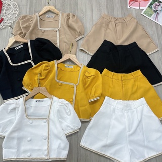 Sét áo nút bọc kèm quần short viền dạ