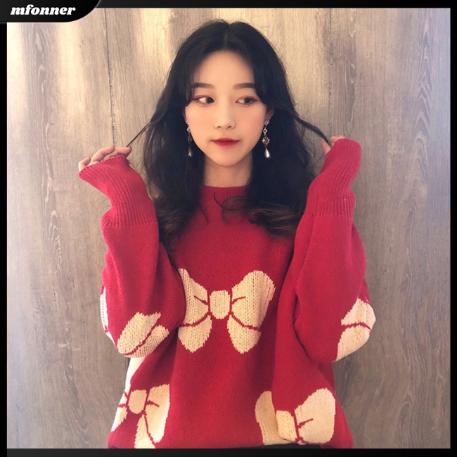 Áo Sweater Dệt Kim Tay Dài Cổ Tròn Dáng Rộng In Hoạt Hình Giáng Sinh Thời Trang Cho Nữ