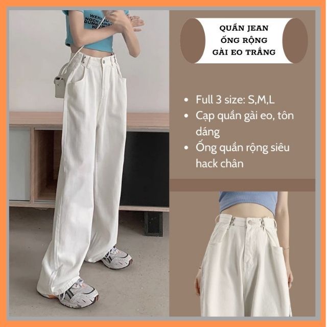 Quần jean ống rộng trắng kem nữ quần bò lưng cao ống suông đứng gài eo Unisex PIGI STORE MÃ 01