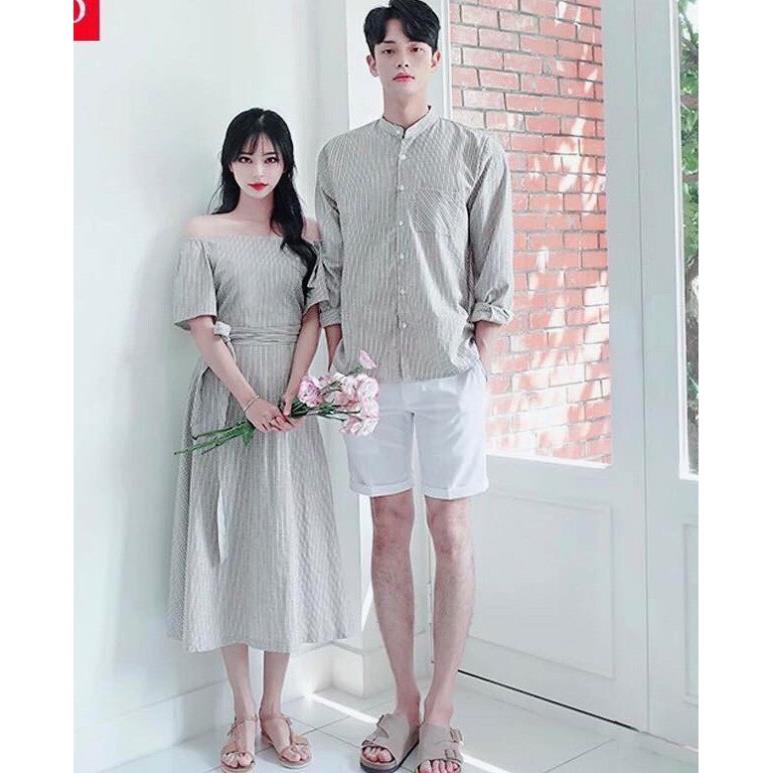 Set đồ đôi áo sơ mi nam đầm nữ trễ vai đáng yêu, couple áo cặpt thời trang Noble TN068