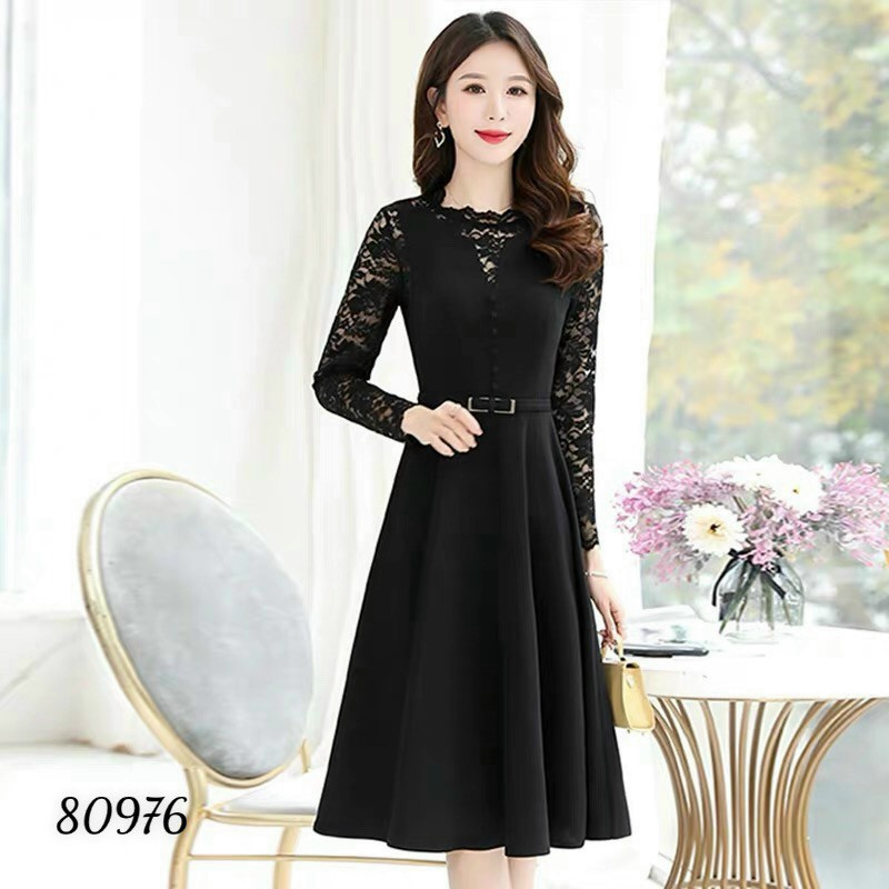 Đầm váy nữ trung niên dự tiệc dạo phố dài tay phối ren màu đen đỏ lịch lãm