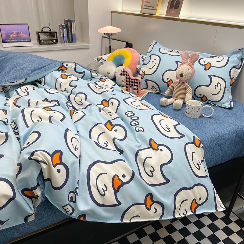 Bộ Chăn Ga Gối Vịt Xanh  Cotton 3D Poly Cao Cấp Mềm Mịn Mát Màu Sắc Nhẹ Nhàng Dễ Thương Tặng Kèm Vỏ Gối Ôm Cùng Bộ