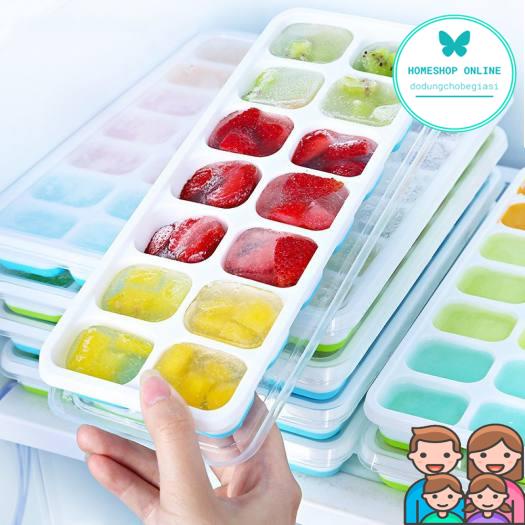 Khay Đá Silicon Có Nắp Đậy 14 Viên, Khay Đựng Đá Tủ Lạnh, Làm Đá Thạch Kem Bảo Quản Chống Mùi Tuyệt Đối