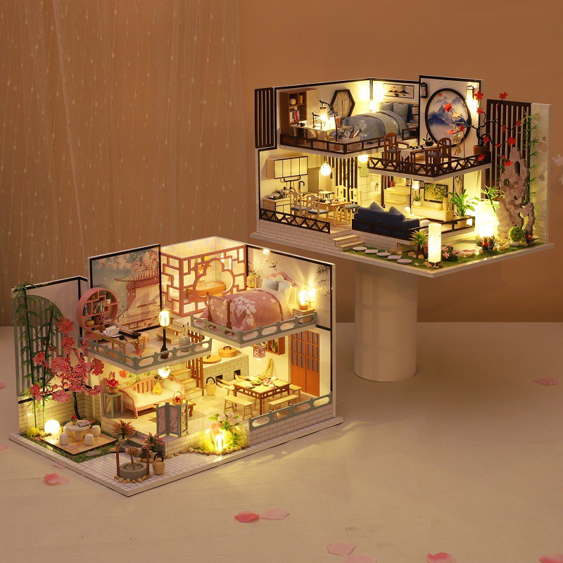 Mô hình nhà DIY Doll House Yaqin Court Kèm Mica Chống bụi, Bộ dụng cụ và Keo dán