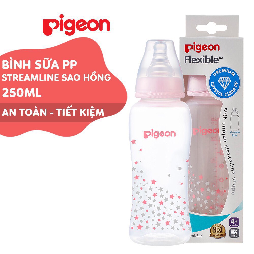 Bình sữa PIGEON, Bình sữa cổ hẹp PP Streamline hình ngôi sao hồng/xanh 250ml (M)