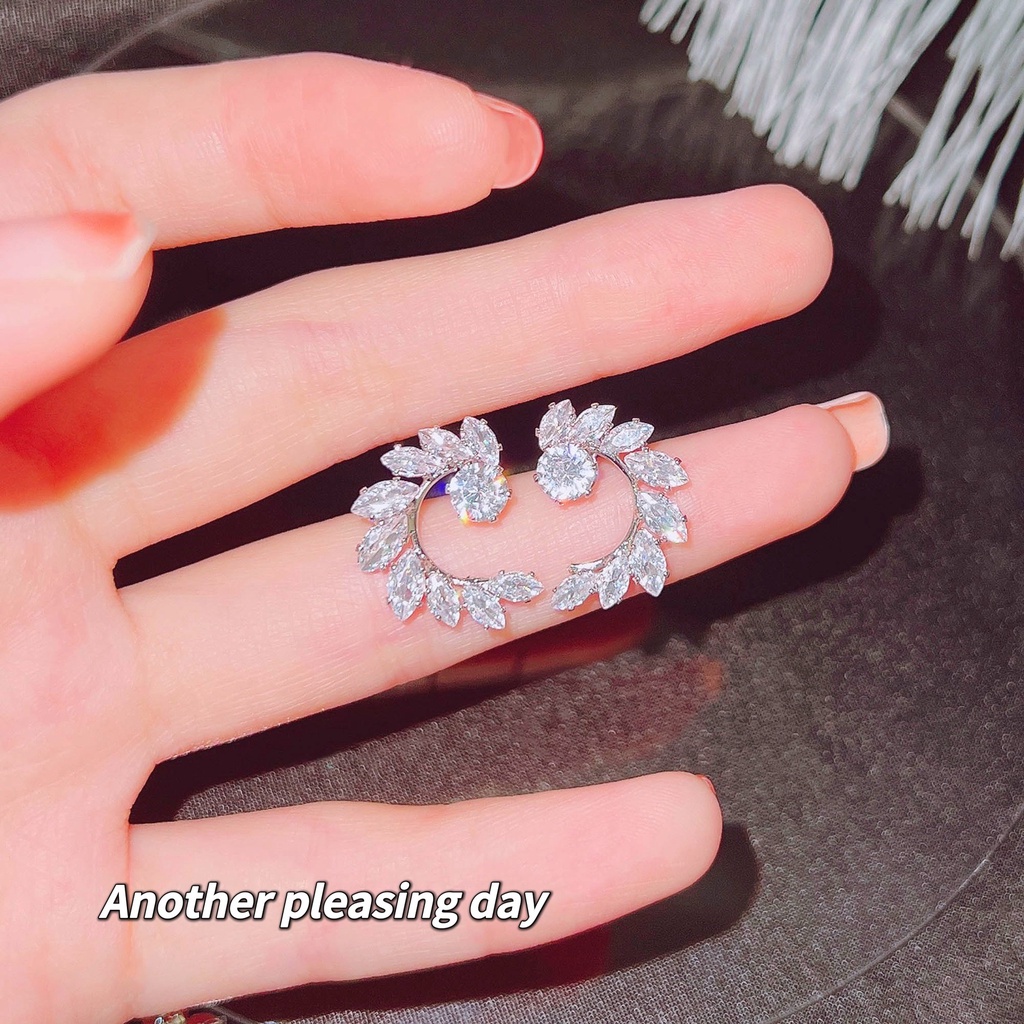 Khuyên Tai Cong Bằng Bạc Sterling Hình Cành Lá Ô Liu Dát Kim Cương Sang Trọng Nhẹ Nhàng Cho Nữ-JHS4-E