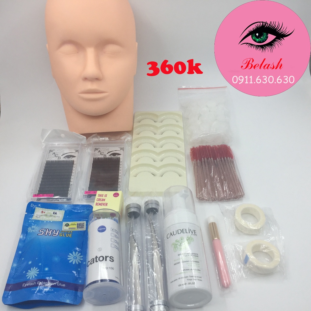 Combo tập nối mi cơ bản 360k_dụng cụ mi_keo nối mi_uốn mi_mi khay_mi fan_Be Lash