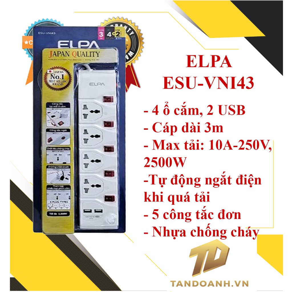 Ổ cắm điện Nhật - 4 ổ cắm 2USB công tắc đơn - Tự ngắt khi quá tải - Nhựa chống cháy - ELPA ESU-VNI43 - CHÍNH HÃNG