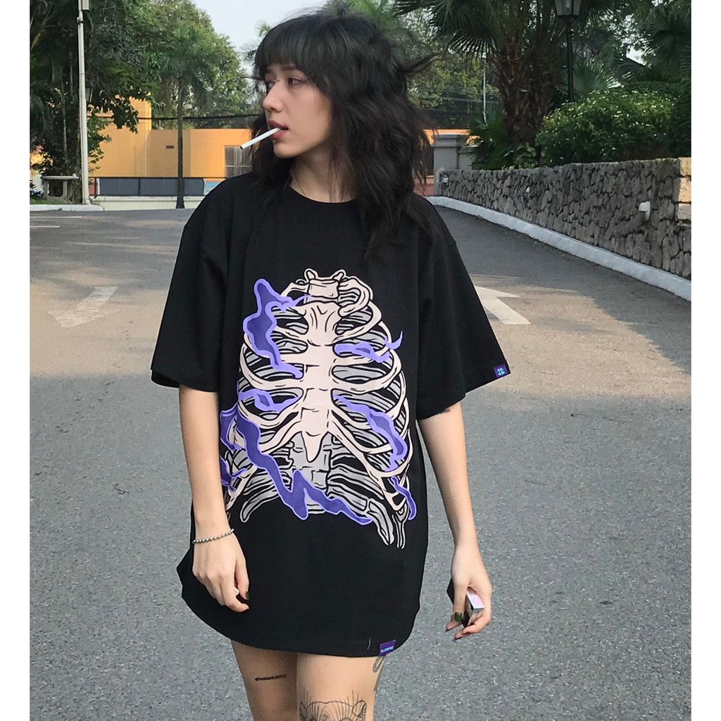 [FULLTAG CHÍNH HÃNG] Áo thun đen tay lỡ unisex ClownZ skull T-shirt  (xương tím) form rộng, chất cotton