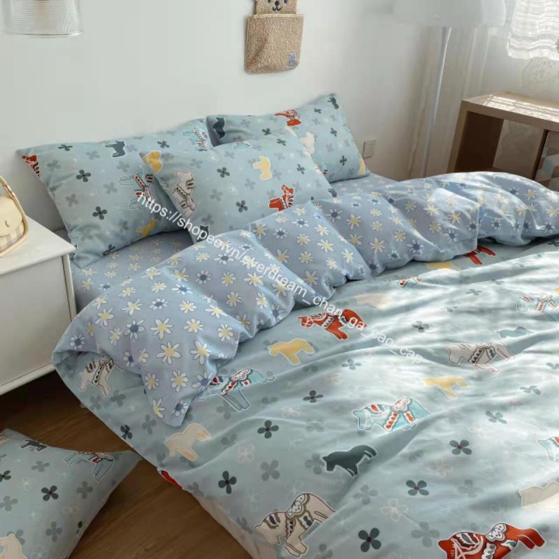 Chăn ga 4 món EverDream 66, Ngựa hoa xanh, 100% Cotton living, nhập khẩu cao cấp