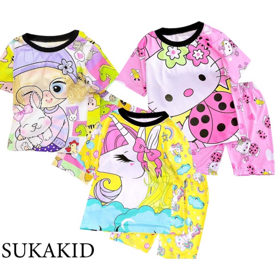 ( Km ) ( Khuyến mãi ) Đồ bộ bé gái hình in 3D chất liệu thoáng mát mềm mịn co hình mèo bọ,ngựa nơ ,gái thỏ 6kg đên 40kg.