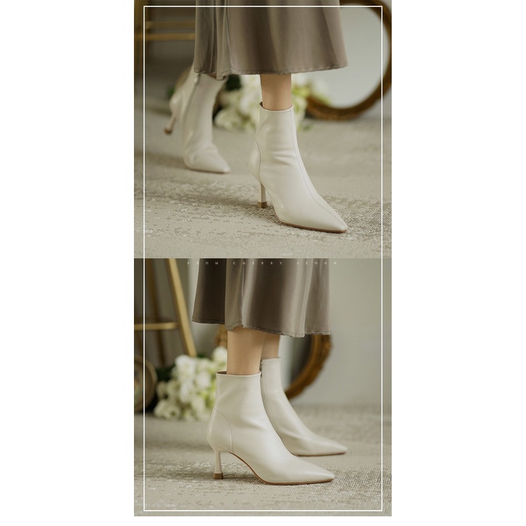 Giày Bốt Martin Cao Gót Mũi Nhọn Phối Khóa Kéo Bên Sành Điệu