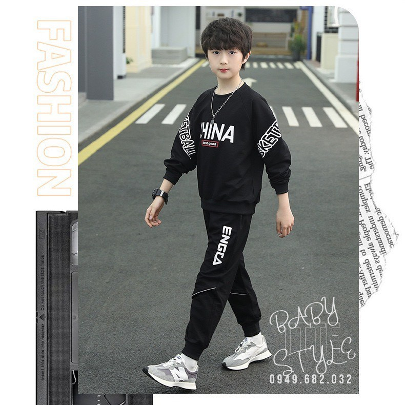 Bộ quần áo thu đông dài tay &quot;CH!NA&quot; 14-45kg cho bé trai 4-14 tuổi. Thiết kế năng động. Vải da cá dày dặn. B36