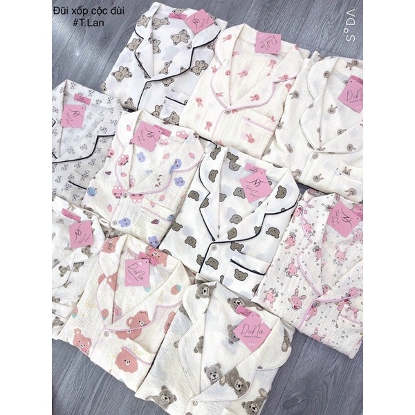 Bộ pyjamas chất đũi xốp áo cộc quần dài nhiều hình dễ thương, Bộ ngủ xinh phong cách trẻ trung mùa hè