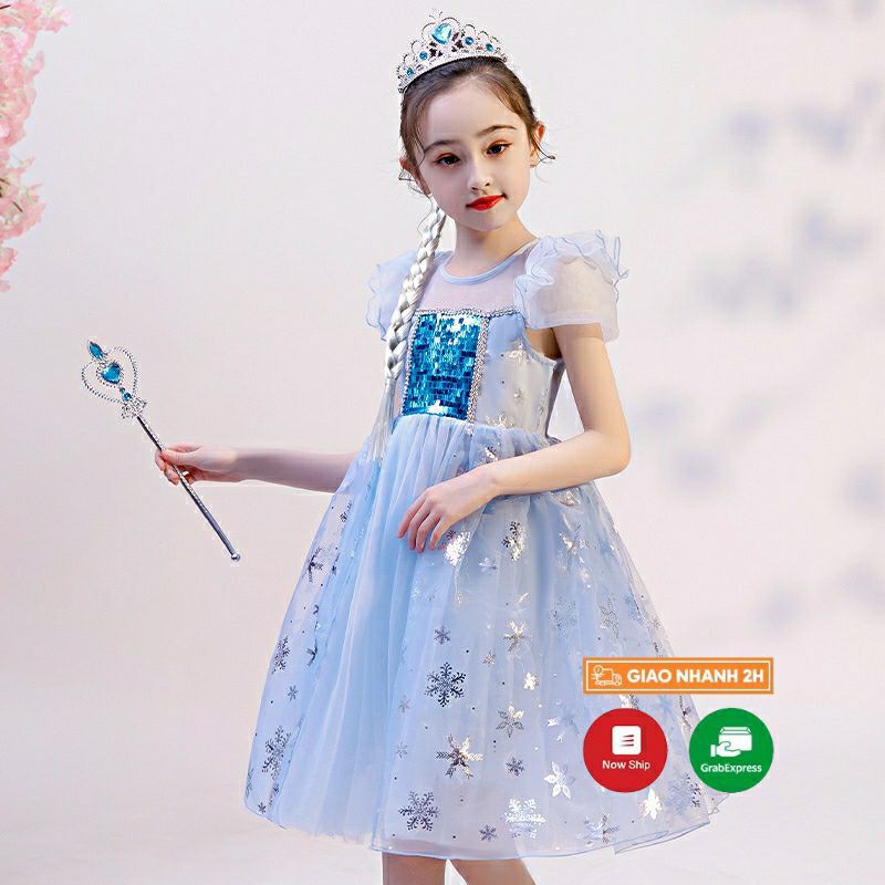 Váy Elsa + Vương Miện + Đũa Thần + Tóc Giả Cho Bé Gái