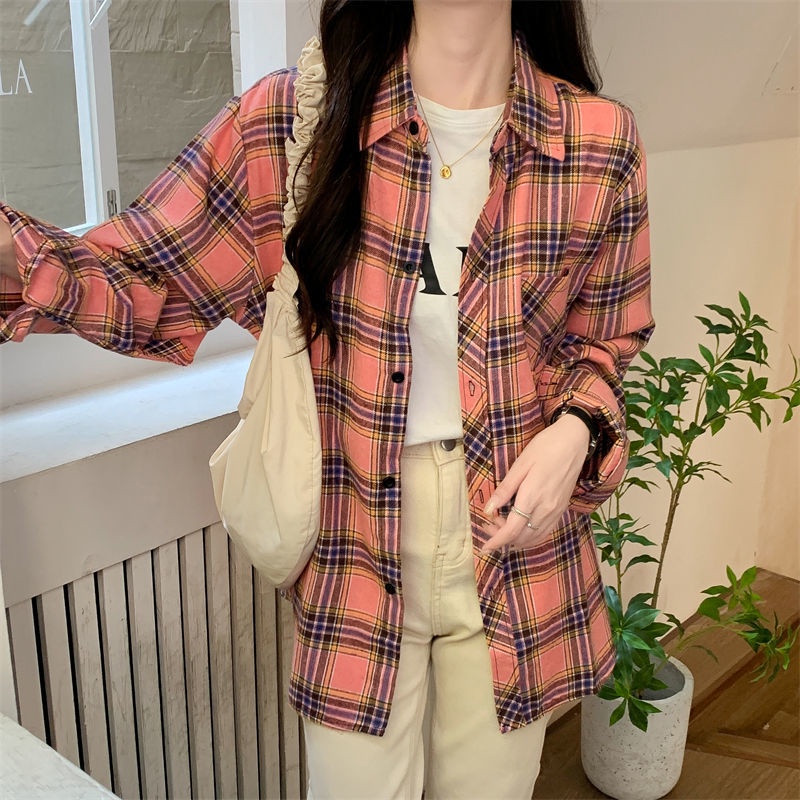 Áo Sơ Mi Caro Tay Dài Dáng Rộng Phong Cách retro Hàn Quốc Cho Nữ