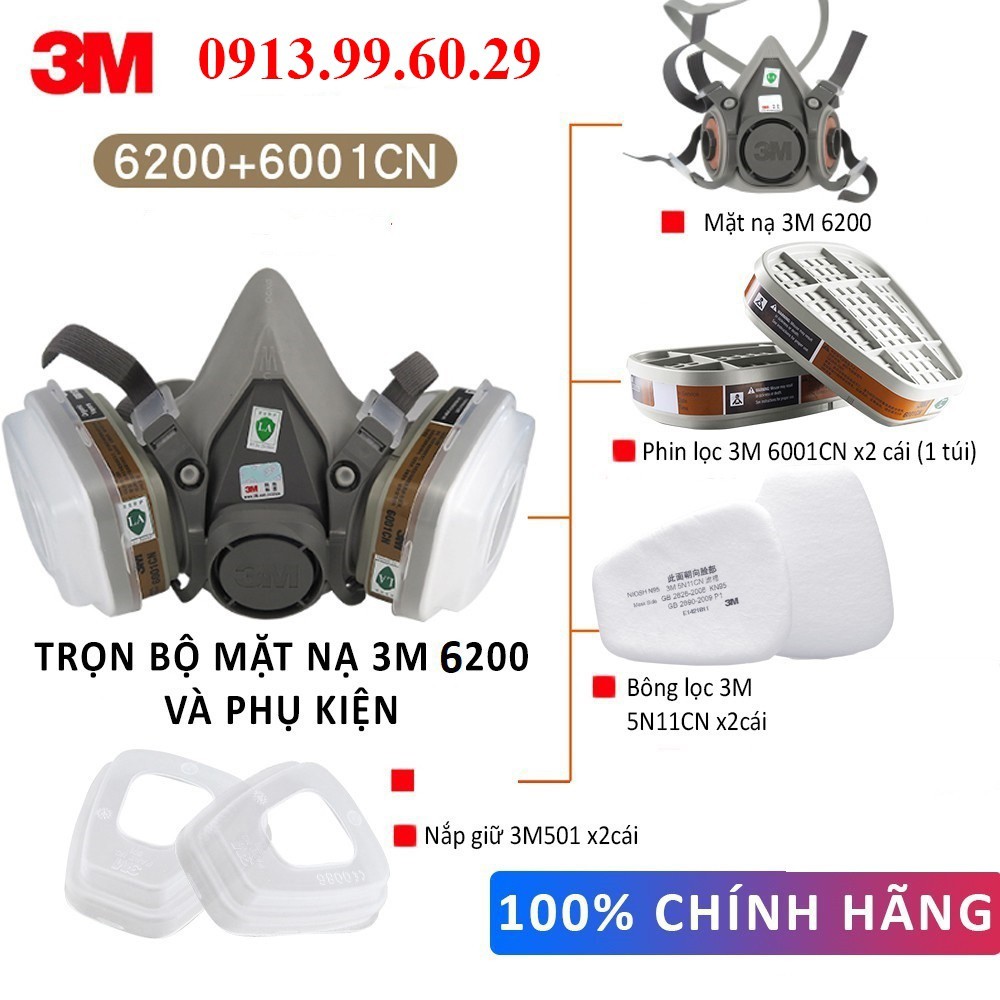 Bộ Mặt Nạ Phòng Độc 6200 Đầy Đủ, Chống Chất Độc Sơn, Bụi Mịn, Thuốc Sâu