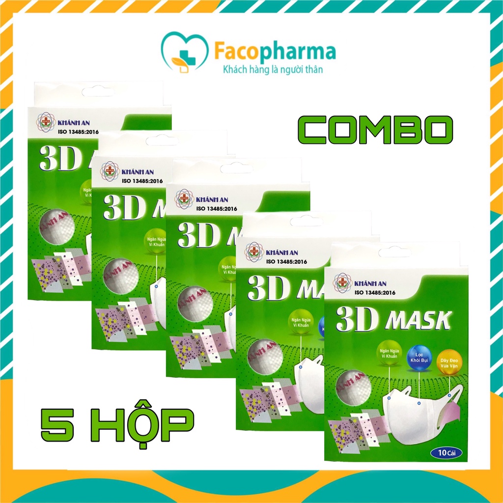 Combo 5 hộp khẩu trang 3D Mask 4 lớp ngăn ngừa vi khuẩn khói bụi hiệu quả Khánh An hộp 10 cái người lớn x5KA3DO trắng