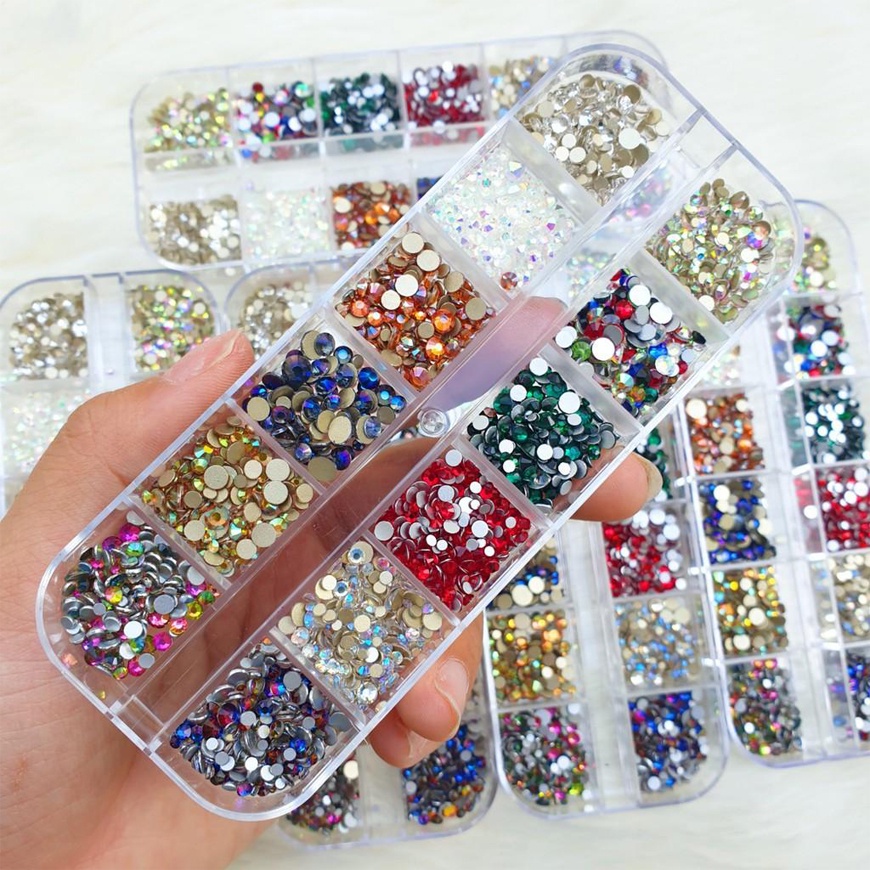 Khay 12 ô đá chân keo mix màu trang trí nail - phụ kiện nail đính móng
