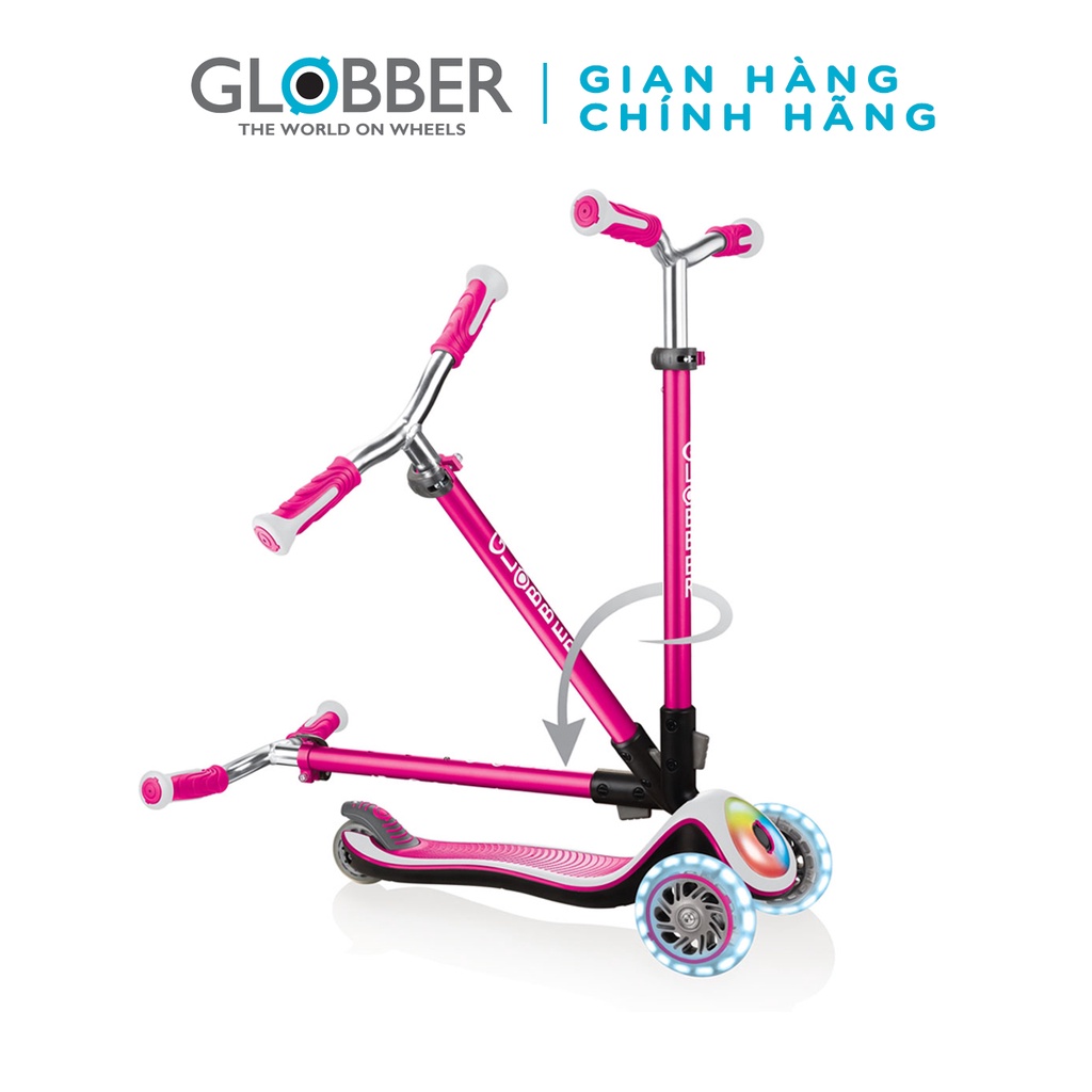 Xe trượt scooter 3 bánh gấp gọn có bánh xe và mặt trước phát sáng Globber Elite Prime cho trẻ em từ 3 đến 9 tuổi - Hồng