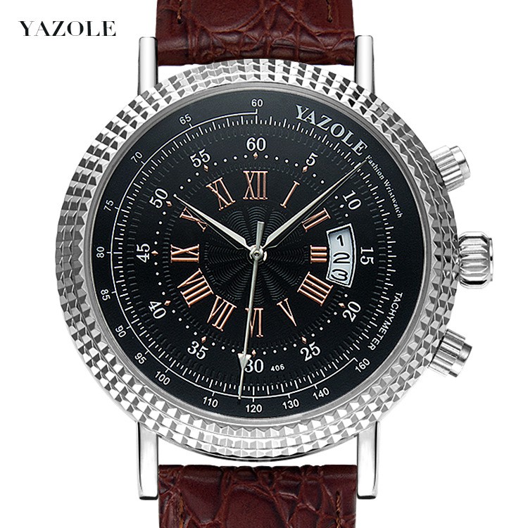 Đồng hồ dây da nam YAZOLE 422 kim ngày độc đáo