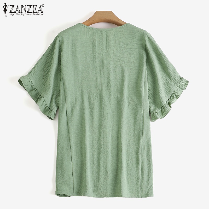 Áo kiểu Zanzea cổ chữ v màu trơn phong cách Châu Âu dành cho nữ