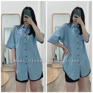 Áo sơ mi cổ đức túi ngực ngắn tay xanh jeans hai màu Mã A026