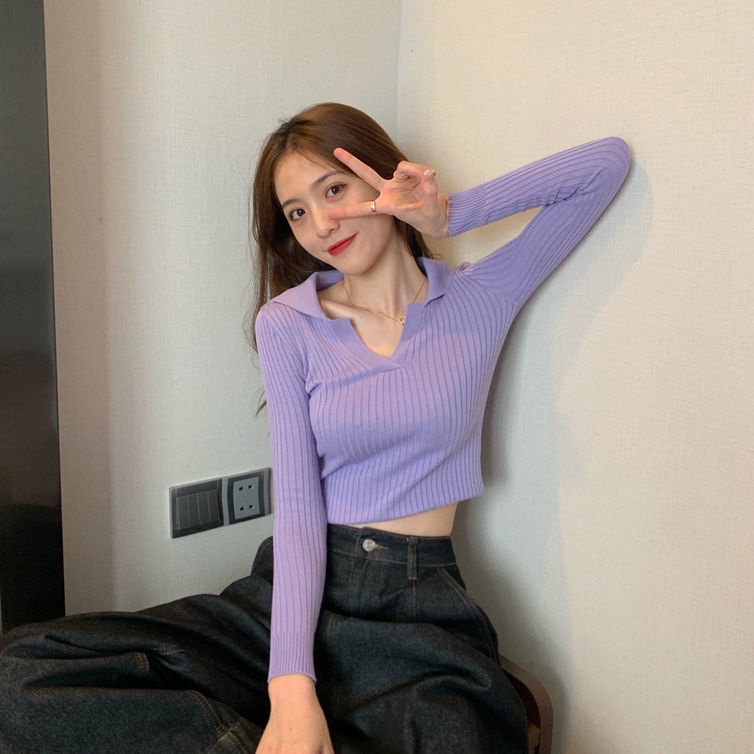 COZOK Áo thun dệt kim tay dài cổ polo màu kẹo ngọt