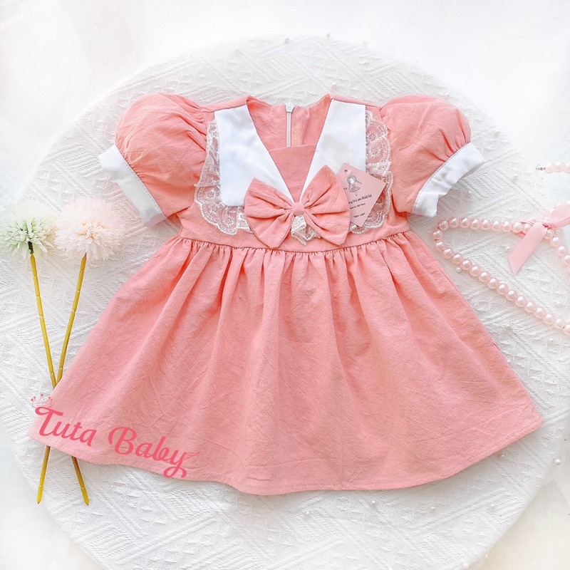 Váy Bé Gái Thô Đũi Hồng Cổ Bèo Ren Xinh Xắn, Váy Hồng Pastel Đáng Yêu Cho Bé FREESHIP, Váy Trẻ Em Thiết Kế
