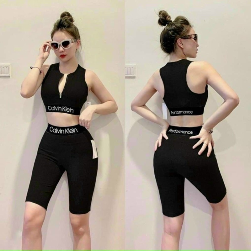 Bộ đồ tập gym, áo bra kéo khoá quần lỡ lửng trên gối cạp chữ hot trend tạo gym, nhảy aerobic nữ
