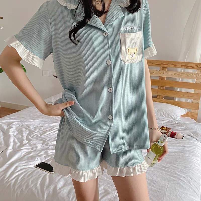 Bộ ngủ viền bèo thun gân form rộng ( SẴN XANH )