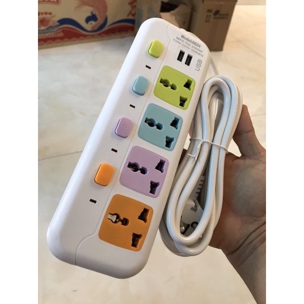 Ổ Cắm Điện Đa Năng 4 Phích Và 8 Phích Căm , 2 Cổng USB , Dây 3 Mét - Ổ Điện Thông Minh Có Công Tắc