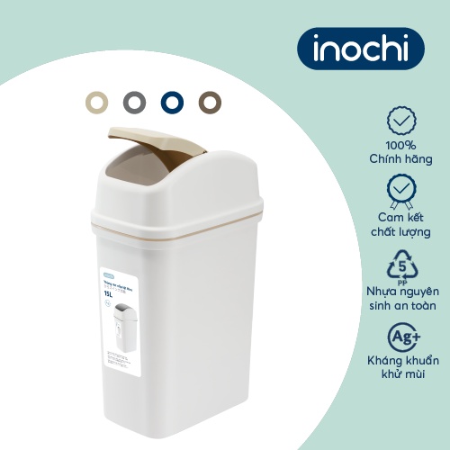 Thùng rác nắp lật Inochi-Hiro 15L thân Trắng Kem +  Nắp Ghi sữa/ Xanh chàm/ Nâu café/ Be sữa