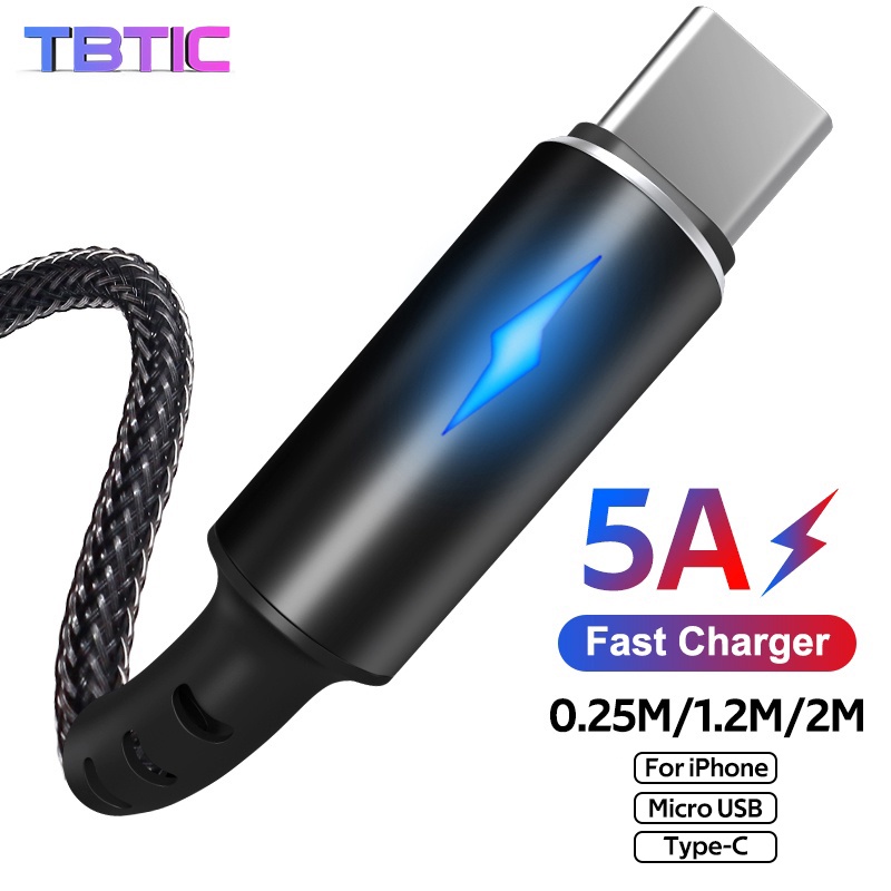 Cáp sạc nhanh TBTIC 5A bện nylon Micro Usb LED Type C thích hợp cho iPhone