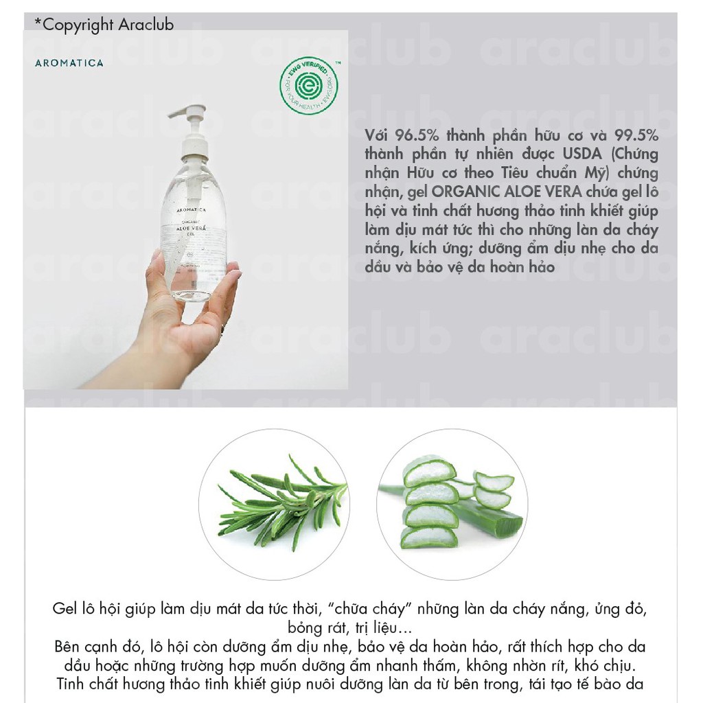 Gel Lô Hội Hữu Cơ Dưỡng Ẩm Mặt Và Toàn Thân Aromatica Organic Aloe Vera Gel 300ml