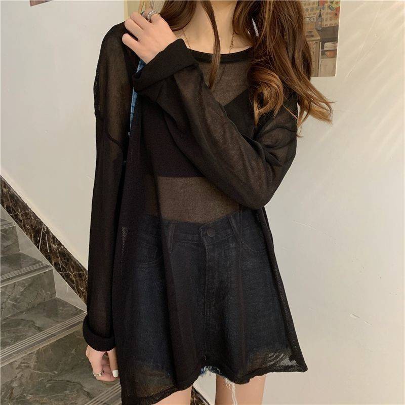 Mesh sunshine shirt top summer new Korean loose lace long sleeve T-shirt female shirt