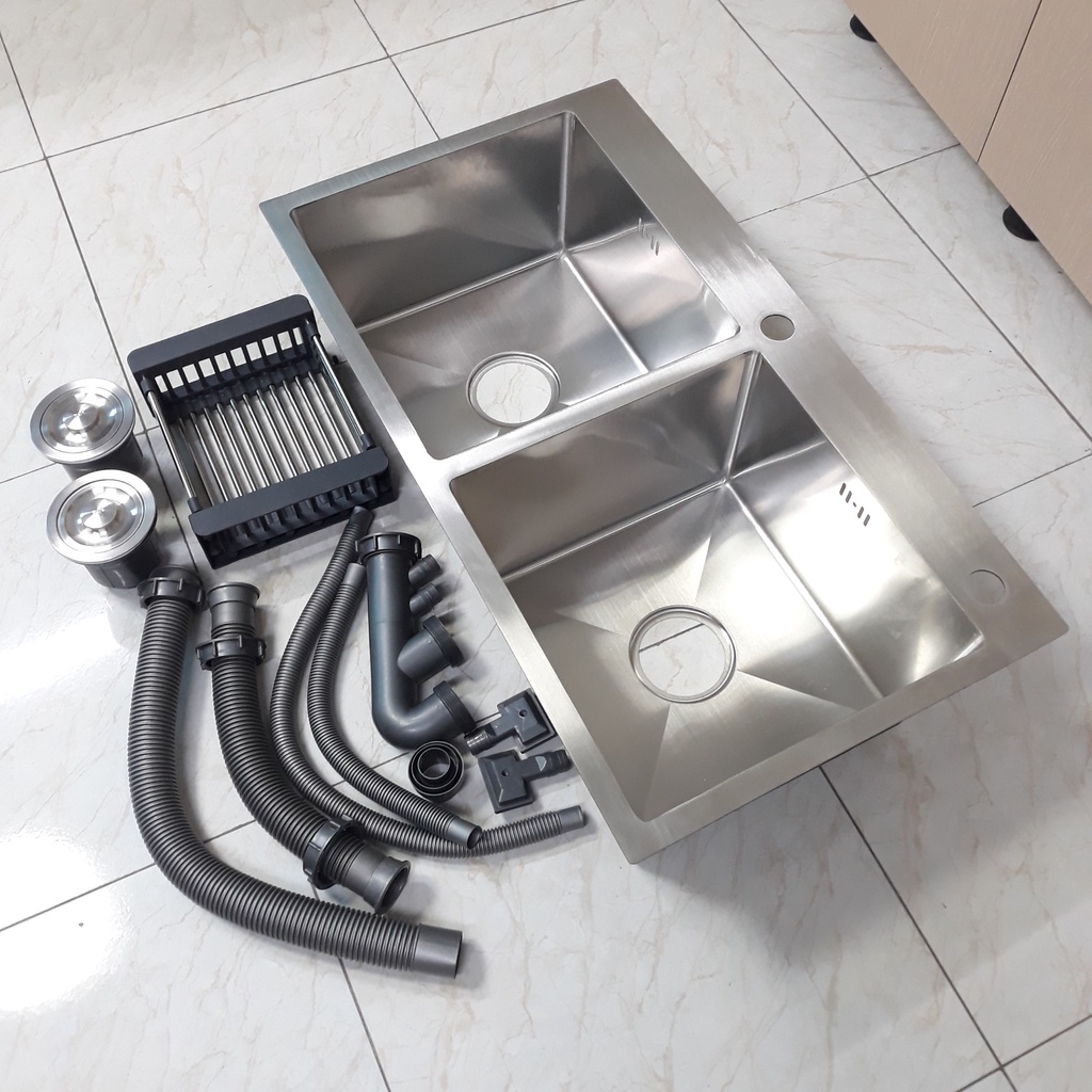 [Mẫu Mới 2022] Chậu rửa chén bát 2 hố cân Inox 304 cao cấp màu Trắng Mờ, chống mùi, dễ dàng vệ sinh - Kích thước 85x42cm