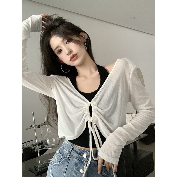 Cocory vn Set Áo Hai Dây Dệt Kim Cổ Chữ U + Áo Khoác Tay Dài Dáng Rộng Thời Trang Mùa Hè Cho Nữ